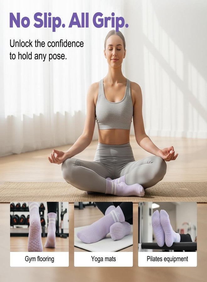 ElaraFit 4 Pack Pilates Grip Socks for Women with Grips Non Slip Yoga Socks for Pilates Reformer Barre Ballet Sticky Grippy Ankle Crew Socks Off-white Green Yellow Purple - Image 2